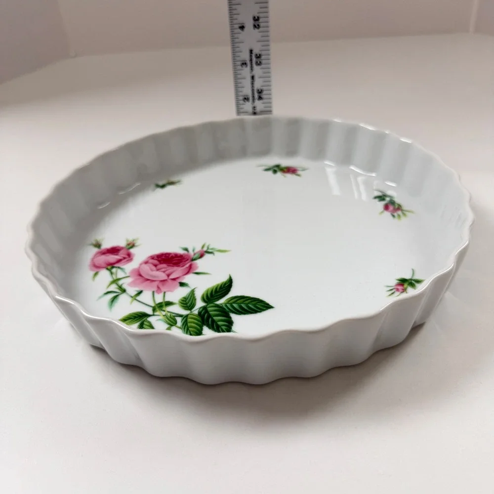Christineholm Porcelain Tart Dish 9.5in Pink Rose Floral Fluted Quiche Pan